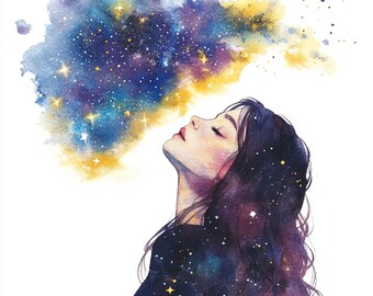 宇宙テーマの水彩画 女性肖像 10 印刷可能な少女と宇宙、水彩魔法少女アート、水彩クリップアート