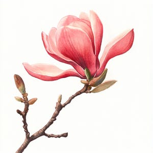 May include: A single pink magnolia flower in bloom with green leaves and buds on a branch. The flower is in focus and the background is white.