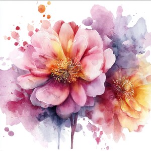 10 flores abstractas imprimibles, flores coloridas en acuarela, arte botánico, imágenes prediseñadas, uso comercial, decoración de flores moradas, manualidades en papel