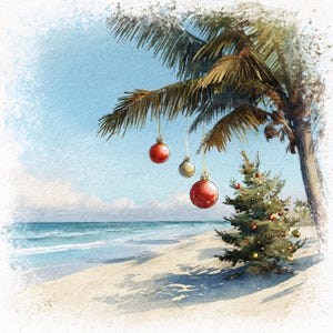 May include: Watercolor painting of a tropical beach scene with a palm tree and a Christmas tree. Red and gold ornaments hang from the palm tree. The beach has white sand and the ocean is a light blue color.