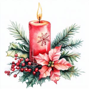 May include: Watercolor illustration of a lit red candle with a snowflake design, surrounded by green pine needles, holly leaves, red berries, and a poinsettia flower. The candle has a yellow flame.