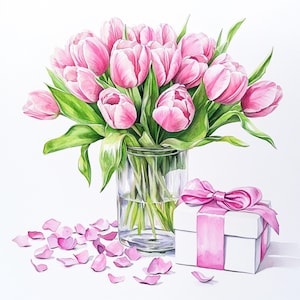 10 Bouquet of pink tulips, tulips in vase, Watercolor Clip Art, Printable JPGs, DIY gift card, Paper design, celebrating decoration