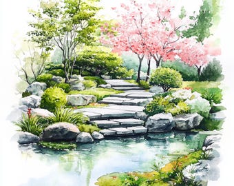 10 印刷可能な日本庭園、水彩画の庭園、桜公園のプリント、和風、商業