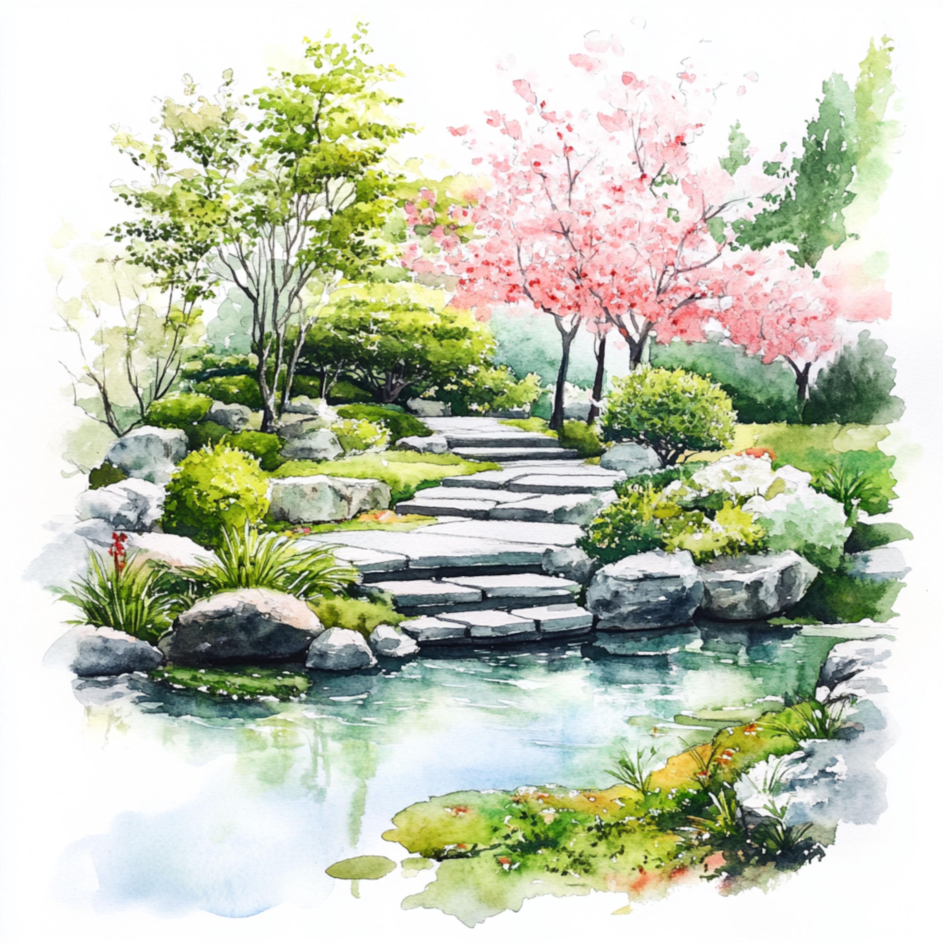 10 印刷可能な日本庭園、水彩画の庭園、桜公園のプリント、和風、商業