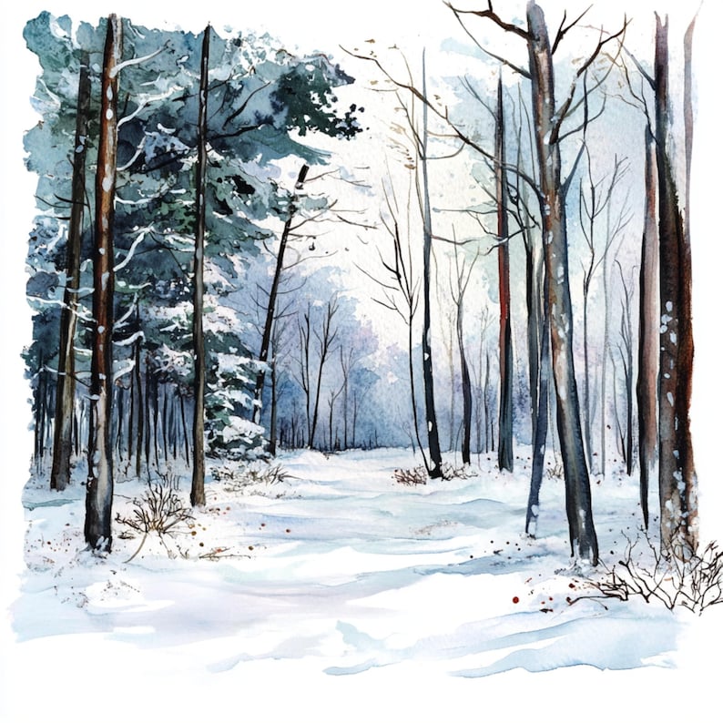 10 Winter Snowy Forest, Watercolor Art, Christmas Decor, Snowy Forest ...