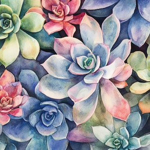May include: A watercolor painting of a variety of succulents in shades of pink, blue, and green. The succulents are arranged in a close-up, overlapping composition.