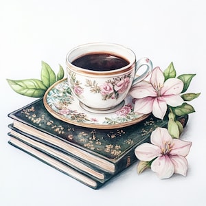 10 druckbare Kaffee und Buch Kunst, Bilder zum Ausdrucken, Cappuccino Tasse und Buch, Papier Design, Blumen Stillleben, Kaffeetasse Clipart