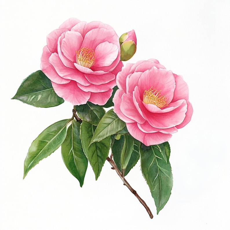May include: Two pink camellia flowers with green leaves and a bud on a branch.