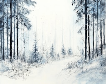 10 Zimowy śnieżny las, sztuka akwarelowa, dekoracja świąteczna, grafika wektorowa śnieżnego lasu, śnieżny krajobraz, wykorzystanie komercyjne, sztuka leśna w zimowy dzień