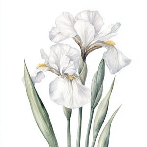 May include: A watercolor painting of white irises with yellow centers. The flowers are in bloom and have long, green stems.
