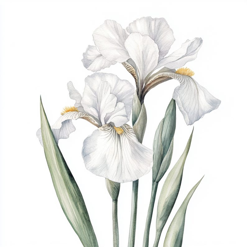 May include: A watercolor painting of white irises with yellow centers. The flowers are in bloom and have long, green stems.