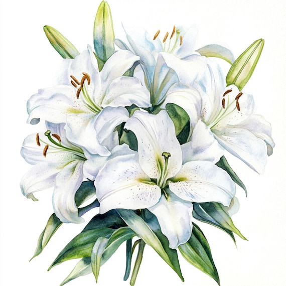 10 枚の印刷可能な白いユリの花、水彩画のユリ、植物のユリのアート