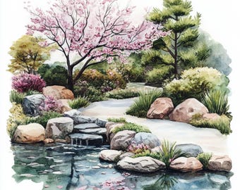 10 印刷可能な日本庭園、水彩画の庭園、桜公園のプリント、和風、商業