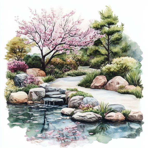 10 印刷可能な日本庭園、水彩画の庭園、桜公園のプリント、和風、商業