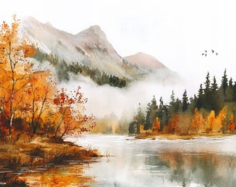 10 impresiones de montañas brumosas, impresiones de bosques otoñales, arte de acuarela de montaña, paisaje otoñal, uso comercial, arte de río de montaña, lago de montaña