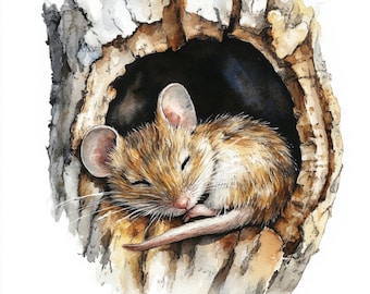 10 Printable Sleeping mouse, watercolor Mouse Hole, Cute Mouse ClipArt, Printable JPGs, Commercial use, Paper design, cute sleeping mouse