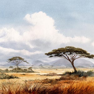Puede incluir: Pintura a la acuarela de un paisaje de sabana africana. La obra representa un cielo nublado sobre un campo de hierba seca y varios árboles de acacia. Se ven montañas distantes en el fondo, con una paleta de colores cálidos de marrones, amarillos y azules.