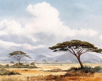 10 Printable Savannah landscape, watercolor natures, African Savannah, african savannah trees wide landscape, Commercial use