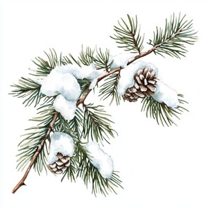 May include: A snowy pine branch with two pine cones. The branch is covered in white snow and the pine cones are brown.