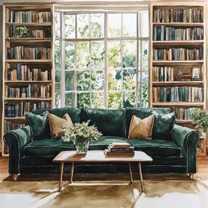 May include: Watercolor painting of a cozy living room with a dark green sofa, brown pillows, and a wooden coffee table. Bookshelves flank a large window overlooking a green, leafy outdoor scene. A vase of white flowers sits on the table.