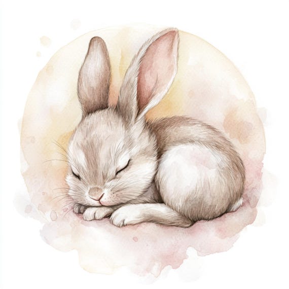 印刷可能な眠っているウサギ、水彩画のウサギ、雲の上で眠っている