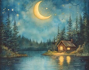 10 印刷可能な平和な夜のアート、湖畔の家の絵画、居心地の良い家の