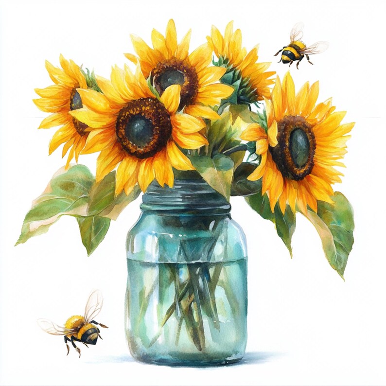 May include: Watercolour painting of sunflowers in a blue-green mason jar. The sunflowers have bright yellow petals and dark brown centres. Two bees are flying around the jar. Green leaves are visible.
