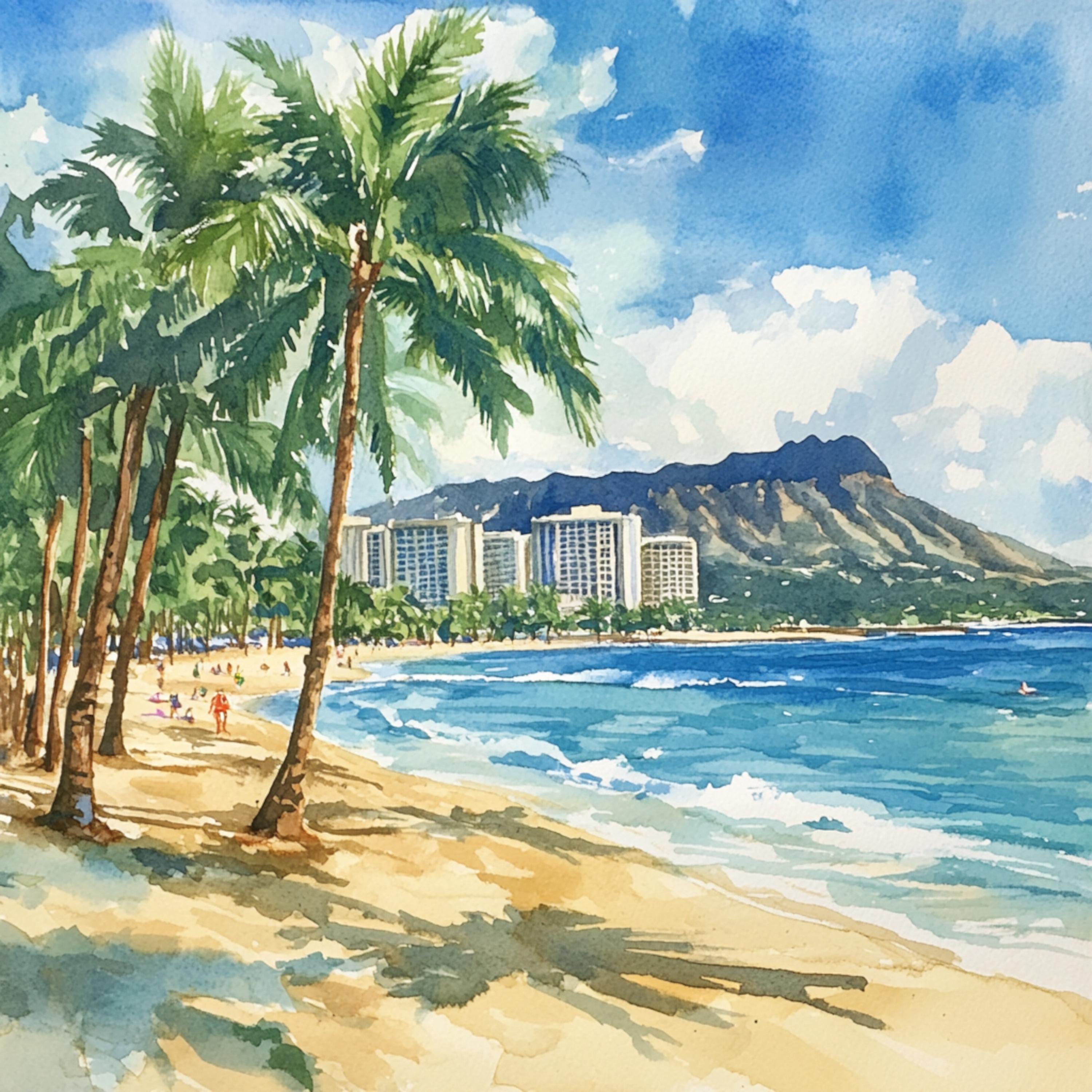 Carioca 油彩画 ビーチ風景 印刷可能なハワイの風景写真10枚、ハワイのビーチの水彩画、ホノルルの