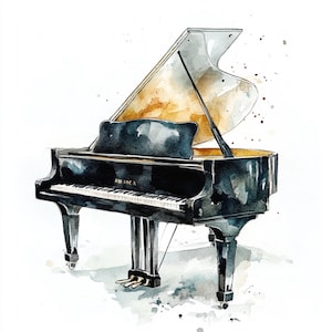 Pu&ograve; includere: Dipinto ad acquerello di un pianoforte a coda nero con il coperchio aperto. Il pianoforte ha tasti bianchi e dettagli neri. L'interno del coperchio &egrave; di un caldo colore dorato. La parola "AM ARCA" &egrave; visibile.