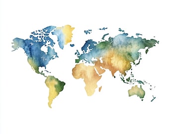 Aquarelle de carte du monde, cliparts de carte du monde, 10 images clipart, JPG imprimable, carte du monde, créations en papier, décoration de chambre d'école