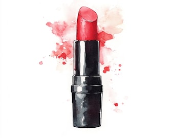 May include: Watercolor illustration of a red lipstick with a black tube. The lipstick is angled, showing the red color. Red watercolor paint splatters are in the background, creating a beauty-themed design.