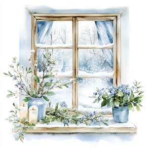 Fenêtre florale d'hiver à imprimer, décoration de Noël, aquarelle, décoration d'hiver, clipart, carte de voeux florale d'hiver, décoration de Noël