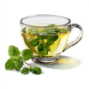 Könnte beinhalten: Aquarellillustration einer transparenten Glastasse, gefüllt mit Kräutertee und frischen grünen Minzblättern. Ein Minzzweig liegt neben der Tasse. Der Tee hat einen goldenen Farbton, vor weißem Hintergrund.