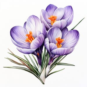 Decorazione floreale di croco stampabile, Immagini di croco acquerellate, Arte botanica primaverile, Clip Art, Uso commerciale, Disegno di fiori viola su carta