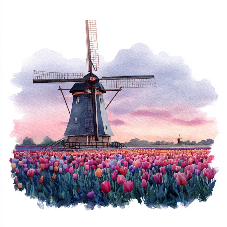 12 Printable Windmills, Watercolor Windmill and Tulip Fields Clipart