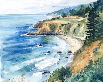 印刷可能な北カリフォルニア海岸の風景画10点、海岸の風景画、水彩