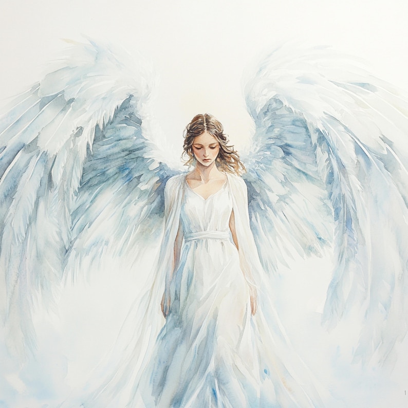 May include: A watercolor painting of an angel with large, feathery wings. The angel is wearing a white dress and has long, flowing hair.