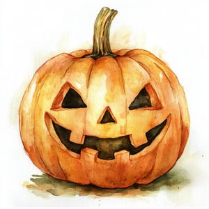 Peut inclure: Peinture à l'aquarelle d'une citrouille sculptée avec un visage souriant. La citrouille est orange avec une tige marron et des yeux et une bouche découpés en noir. Thème d'Halloween.
