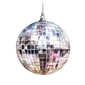 May include: Watercolor illustration of a disco ball. The sphere is covered in small, reflective squares in shades of silver, gray, and hints of pink and blue. A silver metal loop is at the top for hanging. The background is white.