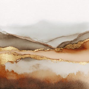 Puede incluir: Pintura abstracta en acuarela con formas en capas similares a montañas en tonos marrón, beige y dorado. Los acentos dorados añaden un toque de lujo a los tonos terrosos, creando un paisaje sereno y artístico.
