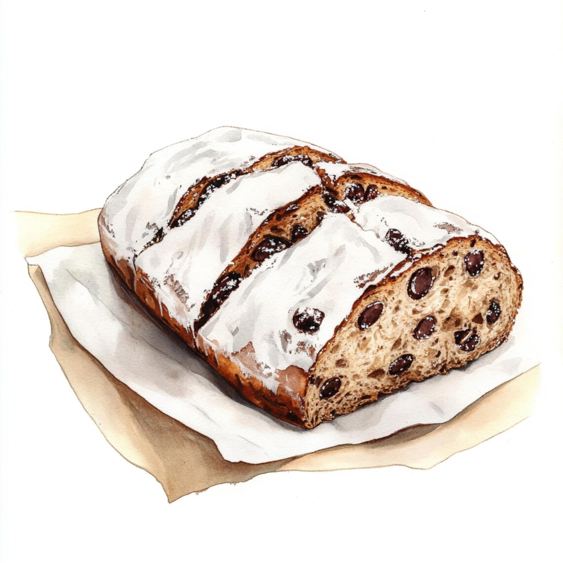 Stollen Bread Vector 10 Printable Christmas Stollen, Watercolor Stollen Bread, Sliced Loaf ...