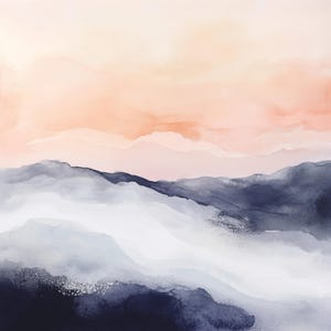 Peut inclure: Peinture abstraite à l'aquarelle représentant un paysage de montagnes en couches dans des tons marine, gris et blanc. Le ciel passe du pêche au rose tendre. L'œuvre évoque la tranquillité et la beauté naturelle.