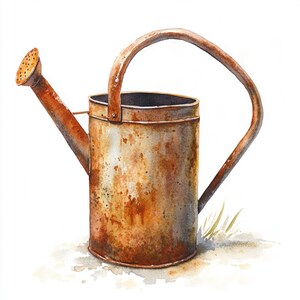 May include: A rusty metal watering can with a brown handle. The can has a spout on the side and is sitting on a white background.