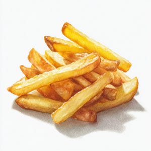 Op de afbeelding: Waterverfillustratie van een stapel goudbruine friet. De frietjes zijn op elkaar gestapeld, sommige zijn naar de kijker gericht. Ze hebben een knapperige textuur en staan tegen een witte achtergrond. Een klassieke snack.