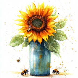 May include: A watercolour painting of a sunflower in a blue vase, with green leaves and several bees. The sunflower has bright yellow petals and a dark brown centre. The bees are black and yellow. The background is white with orange paint splatters.