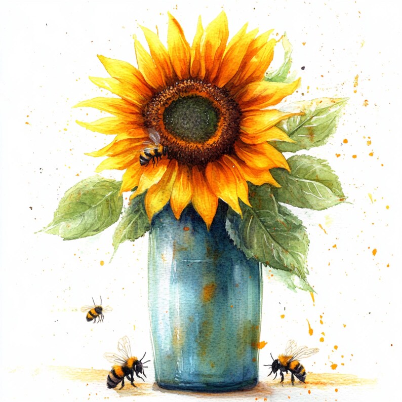 May include: A watercolour painting of a sunflower in a blue vase, with green leaves and several bees. The sunflower has bright yellow petals and a dark brown centre. The bees are black and yellow. The background is white with orange paint splatters.