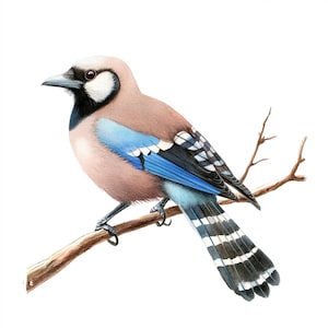 Puede incluir: Una pintura de acuarela de un arrendajo azul posado en una rama. El pájaro tiene una cola con estampado azul y negro y un cuerpo marrón claro con una cabeza blanca.