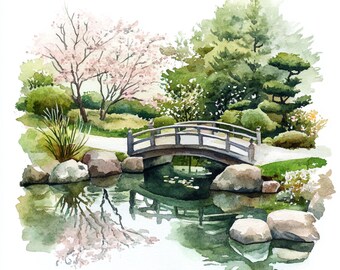 10 印刷可能な日本庭園、水彩画の庭園、桜公園のプリント、和風、商業