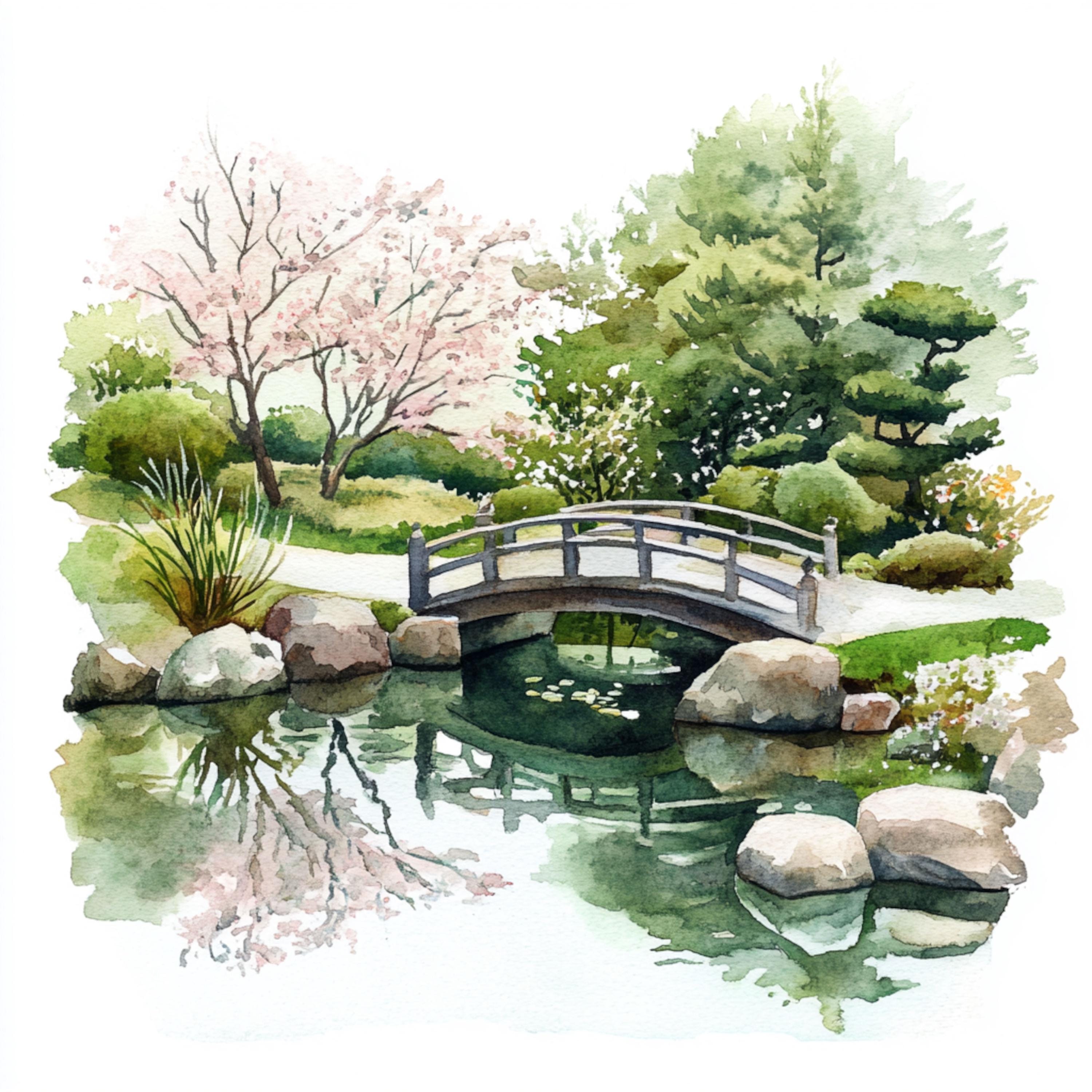 10 印刷可能な日本庭園、水彩画の庭園、桜公園のプリント、和風、商業