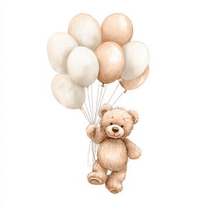 May include: Watercolor illustration of a teddy bear holding a bunch of balloons. The balloons are in shades of white and tan. The teddy bear is light brown with a smiling face. The image is on a white background.